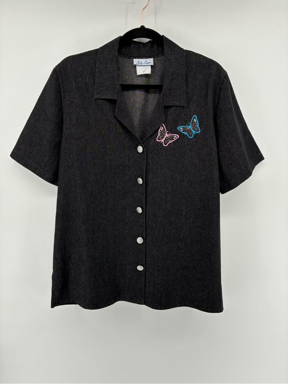 Vintage Black Short-Sleeve Button Front Top with Butterfly Embroidery